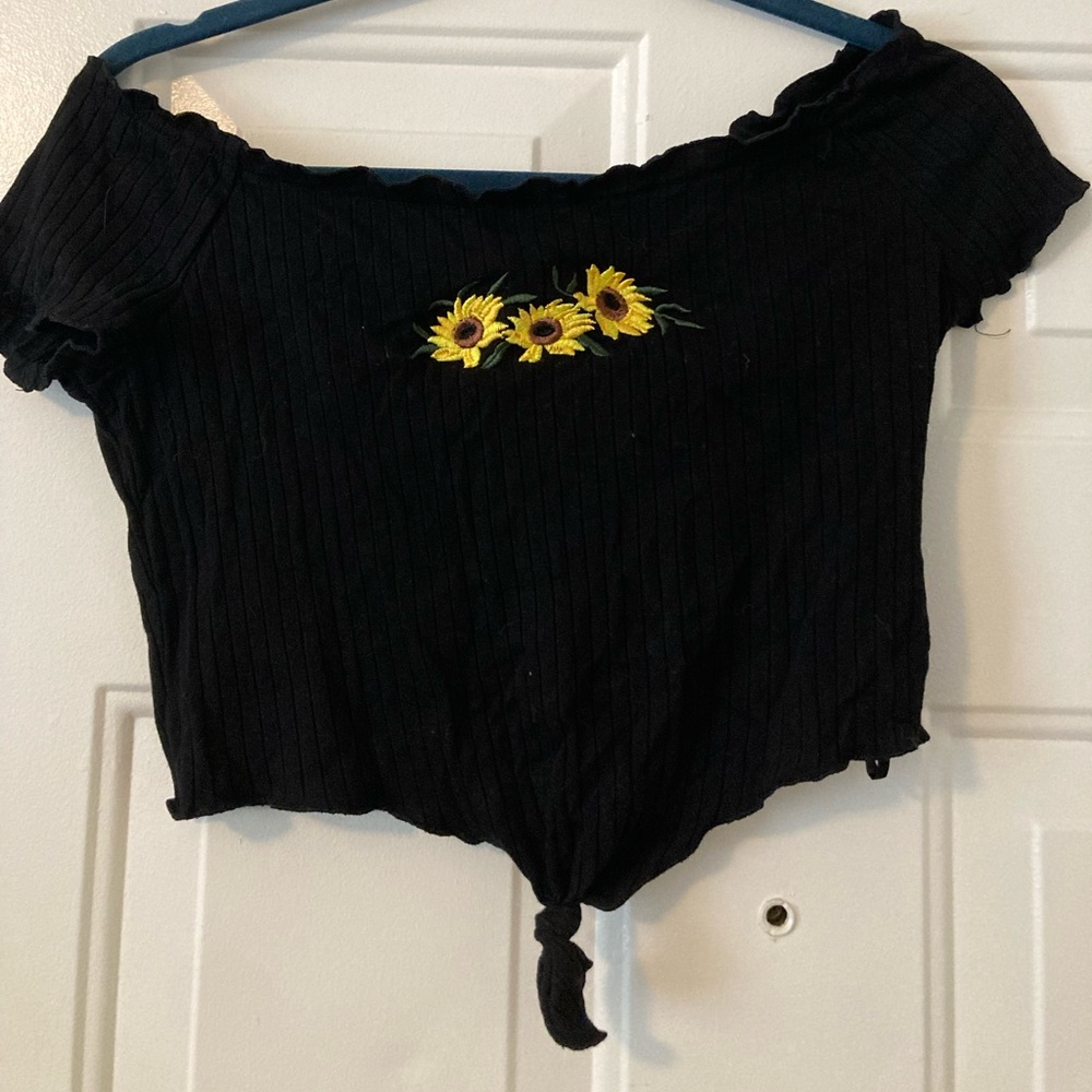 embroidered sunflower crop top with tie front